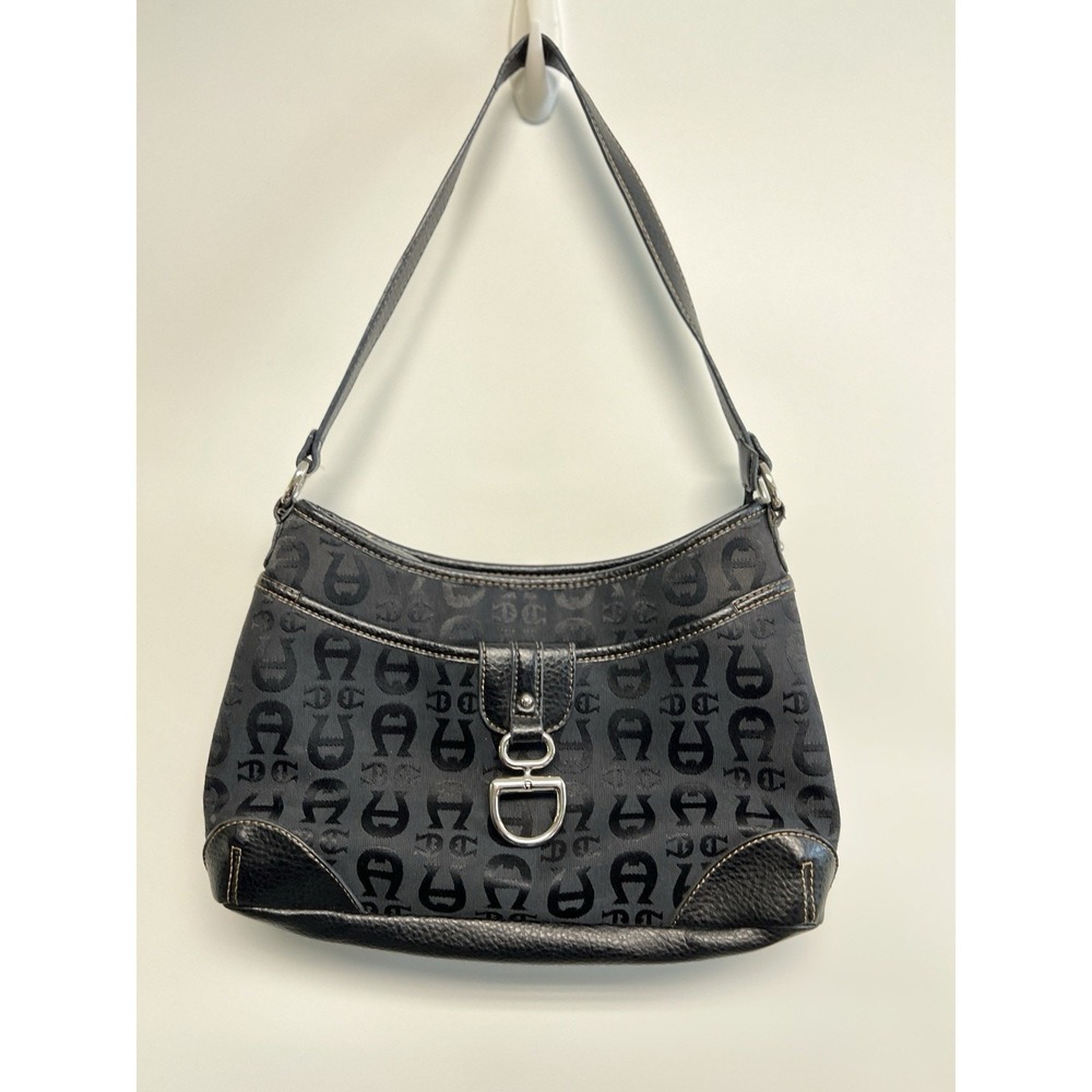 Aigner Black Logo Canvas Leather Trim Strap Shoulder Handbag Retro Classic